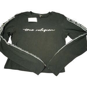 True Religion Black Logo Sleeve Top, Size M, NWT